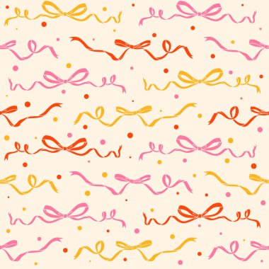 Kurdeleli pruva desenli, şirin düğümlü. Tatiller ve parti dekorasyonu için vektör vintage arka plan. Konfetili pembe saten saç aksesuarları