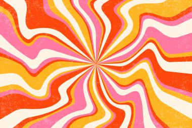 Eski moda spiral arka plan. Karıncalı desenli girdap şeklinde bir güneş patlaması. Dalgalı radyal güneş ışınları. Çilek pembesi ve turuncu saykodelik çizgiler. 70 'lerin funky girdap disko stili çizimi