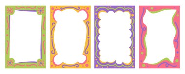 Dalgalı deniz tarağı kenar şekilleri. Dikdörtgen eğlenceli saykodelik el yapımı çerçeve. Resim ve metin için çok şirin bir tasarım. Harika bir çocuk şablonu. Y2K dekoratif boş. Vektör.