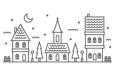 Köyde kışlık evler. Geceleri kasabanın silueti. Beyaz arka planda mahalle silueti. Kilise, şirin evler ve ağaçlarla dolu bir Noel şehri. Vektör basit kırsal manzara