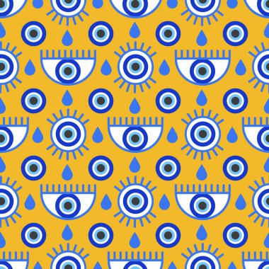 Kem gözlü Yunanlı kusursuz desen. Mavi boncuklu ve sihirli nazarlı Türk vektör arka planı. Mistik tılsım korunmanın ve şansın sembolüdür. Arapça ve Akdeniz etnik duvar kağıdı