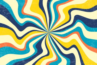 Retro radyal spiral güneş patlaması. Vector girdap desenli ışınlarla. Beyaz arka planda klasik soyut mavi ve sarı çizgili girdap. 70 'lerin funky psychedelic disko bg' si.