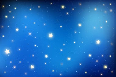 Yıldızlı gece gökyüzü. Koyu mavi vektör evren. Parlak soyut evren. Kıvılcımlı galaksi çizimi ve takımyıldızının yıldız ışığı. Göksel kış kozmik arkaplanı.