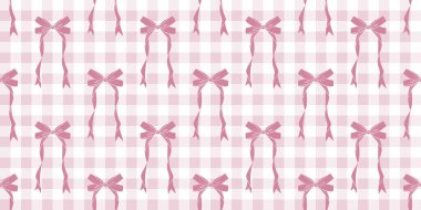 Kurdeleli pembesiz desenli hoş pembe gingham süsü. Moda dekoratif kız unsurlarıyla vektör illüstrasyonu. Tatil ve parti için flörtöz bir arka plan.