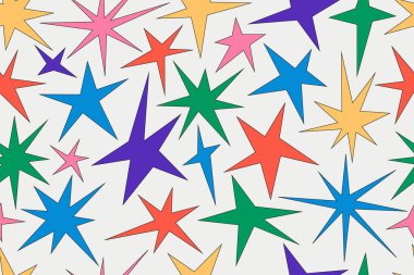 Yıldız şekilli vektörsüz desen. Y2K soyut ışıltılar ve parlak düzensiz elementler. Renkli parıltılar ve rastgele geometrik düz şekiller. Retro patlama efekti arka planı.