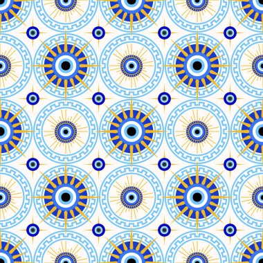 Kem göz kusursuz desen. Türk mavi boncuğu. Yunan vektör büyü geçmişi ve etnik nazar koruma ve şans sembolü. Enerji tılsımı ve ruhani tılsımla geleneksel gezgin süsü.