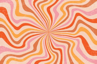 Eski moda spiral desen. Kıvrımlı güneş patlaması eskimiş arka plan. Psikedelik radyal dalgalı çizgiler. 70 'lerin karnaval bükülmesi posterler ve duvar kağıtları için tasarlanmış.