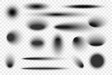 Bulanık efektli gölgeler. Gerçekçi oval siyah şeffaf damla şekilleri. Yüzeyde dairesel eğim gölgeleri. Koyu yumuşak kenar elips vektör koleksiyonu