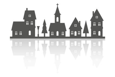 Skyline 'daki evlerin silueti. Beyaz arka planda yansıması olan komşuluk vektör sırası. Küçük siyah köy kulübeleri. Noel manzarası, kilise ve ağaçlarla dolu. Güzel ülke.