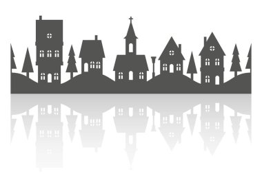 Mahalledeki evlerin silueti. Ufuk çizgisindeki küçük evler ve binalar. Beyaz arka planda Noel kasabası ve köy. Sokaktaki köknar ağaçları ve kiliseli kulübeler. Kusursuz sınır