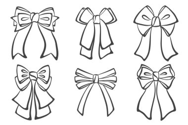 Kurdele yay ve kravat, saçlar için düğüm. Şirin siyah karalama çizimi. Klasik el çizimi, dekoratif aksesuar. Doğum günü ve Noel için moda öğeleri