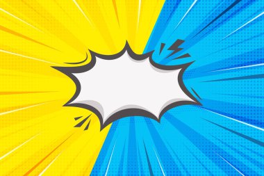 Konuşma baloncuğu çerçeveli çizgi roman süper kahraman geçmişi. Retro yıldız patlaması şablonu ile sarı ve mavi renkleri ve yarım ton efektini karşılaştırın. Radyal ışınlı soyut vektör çizgi roman posteri