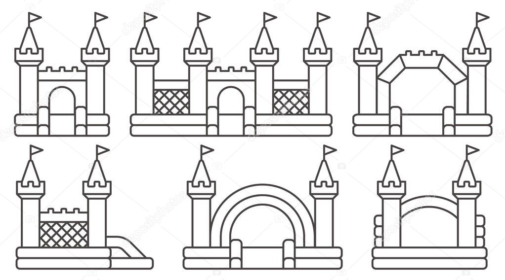 Bouncy castle icons set. Inflatable house vector trampoline with slide for jumping. Playground outline pictograms for kids zone amusement park and summer party. Inflated elastic equipment.
