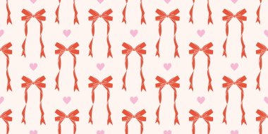 Kurdele şirin bir desen. Bayram ve parti dekorasyonu için mükemmel bir arka plan, kravat ve pembe kalpler. Beyaz arkaplanda kız saten aksesuarları.