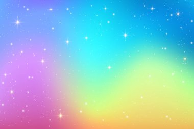 Gökkuşağı gradyan arka planı. Sihirli yıldızlı soyut tek boynuzlu at pastel gökyüzü. Işıltılı ve parıltılı yumuşak bir peri bg 'i. Fantastik vektör yanardöner dalgalı duvar kağıdı.