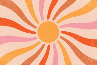 Radyal girdap ışınlı, geçmişe dönük güneş. Vektör dokusu 70 'lerin soyut deseni. Eş merkezli kiriş şeritli klasik bir yaz posteri. Kremsi pembe ve turuncu hippi duvar kağıdı