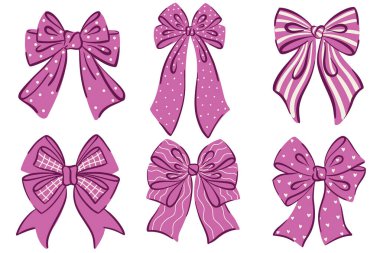 Beyaz arka planda pembe fiyonklar. Şirin, klasik, düz tasarım, hediyeler için mükemmel, moda, düğünler, sevgililer günü kartları. Romantik, kadınsı ve dekoratif kız vektör çizimleri koleksiyonu