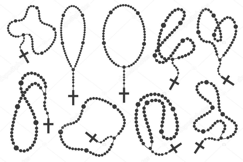 Rosary beads with cross. Catholic prayer necklace set isolated on white background. Christian chain with crucifix silhouettes. Religious jewelry for meditation.