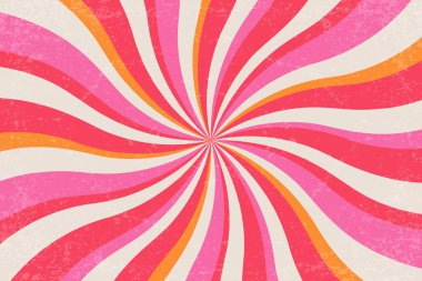 Retro girdap deseni. Vektör desenli arka plan. Spiral güneş patlaması radyal arka planı. Klasik psikedelik dalgalı pembe ve turuncu girdap. 70 'lerin funky çizgili yaz posteri