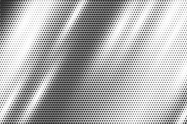 Yarım ton altıgen arka plan. Soyut bal peteği, ince siyah ve beyaz gradyan ile kaybolur. Geometrik nokta şeması tasarımı. Dinamik piksel kaplaması. Dijital 80 'lerden esinlenilmiş grafik geçiş dokusu.