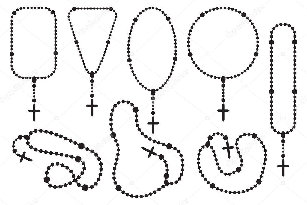 Rosary beads with cross. Catholic prayer necklace set isolated on white background. Christian chain with crucifix silhouettes. Religious jewelry for meditation. Vector illustration