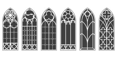 Şekilli gotik pencereler. Kilise cam kemerleri. Beyaz arka planda klasik ortaçağ katedral mimari çerçeveleri. Katolik lekeli iç dekorasyon. Eski kapı şekillerinin silueti. Vektör