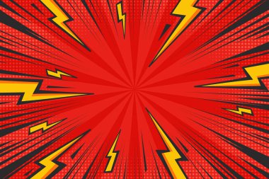 Şimşekler ve gök gürültüsü etkisi olan çizgi film arkaplanı. Yarım tonlu ve radyal cıvata enerjili soyut vektör pop sanat tasarımı. Patlama ışınları ve hız çizgileri. Retro süper kahraman illüstrasyonu