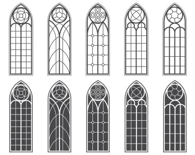 Vitraylı kilise pencereleri. Katedral vintage kemerler. Kale çerçevelerinin siluetleri. Katolik sınırları beyaz arka planda kurulur. Vektör dekoratif mimari elementleri