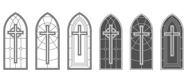 Gotik kilise pencereleri ortaçağ desenli. Lekeli cam katedral kemerleri. Beyaz arka planda klasik Katolik mimarisi şekilleri. Rönesans haçla süslenmiş. Vektör