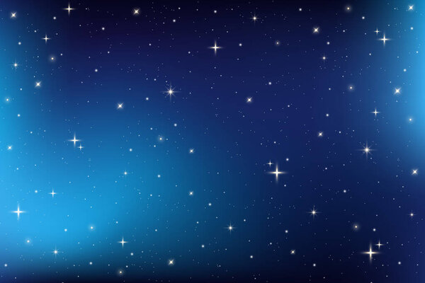 Starry night sky. Dark blue space. Vector magic universe illustration. Abstract winter gradient with sparkles. Bright cosmic wallpaper with glitter. Outer space realistic backdrop