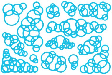 Sabun köpüğü karikatür çizimi. Mavi banyo baloncukları duş jeli ve beyaz arka planda şampuan. Temizlik için bir yığın deterjan. Özet kümesi