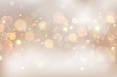 Bokeh ile hafif arkaplan. Soyut altın parıltı dokusu. Yıldız parıltısıyla bej rengi. Fildişi pastel, düğün davetiyesi tasarımı için arka planı bulanıklaştırdı. Çıplak zarif vektör derecelendirme duvar kâğıdı