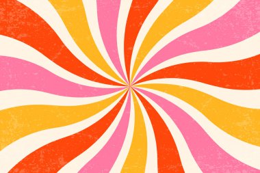 Döner arka plan ve spiral güneş patlaması. Vector girdap desenli radyal ışınlar. Soyut, soyut, pembe ve turuncu çizgili girdap. 70 'lerin funky psychedelic disko bg' si.