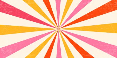 Geçmişe dönük model. Pembe ve turuncu ışınları olan kıvrımlı bir vektör. Psikedelik radyal patlama ve grunge dokusu. 70 'lerin yıldız patlaması hipnotik çizimleri. Klasik dairesel renkli bg.