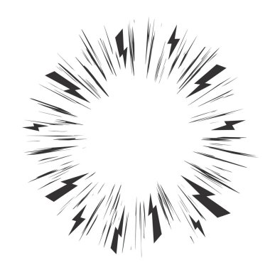 Komik hız çizgileri etkisi. Beyaz arka planda anime vektör radyal patlama. Yıldırımlı çizgi roman perspektifi patlaması. Çemberli çerçeve kıvılcımlar ve sıçramalarla
