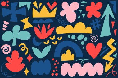 Soyut vektör şekilleri. Koyu arkaplanda organik renk grafiği. Modern el yapımı tasarım seti. Şirin karalamalar ve kabarcıklar. Eski moda çiçek ve ok koleksiyonu. Asgari oyuncu figürler