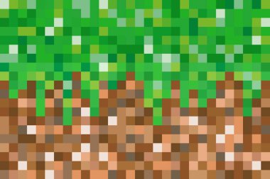 Çimen ve zemin bloklu pikselin dokusu. Oyun için pürüzsüz desenli yeşil ve kahverengi küpler. Kare, soyut duvar kağıdını tuğlalar. Vektör mozaik arkaplanı