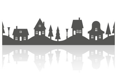 Mahalledeki evlerin silueti. Ufuk çizgisindeki küçük evler ve binalar. Beyaz arka planda Noel kasabası ve köy. Sokaktaki köknar ağaçlarıyla dolu kulübeler. Yansıması olan kusursuz kenarlık