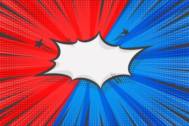 Pop karikatür geçmişi. Çizgi roman süper kahraman vektör arkaplanı ve retro yıldız patlaması etkisi. Konuşma baloncuğu çerçevesi ile karşılaştırın. Mavi ve kırmızı mahsulle radyal ışınlı soyut poster karşı karşıya.