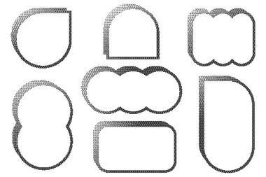 Piksel desenli çerçeveler. Beyaz arkaplandaki bitmap pencereleri. Noktalı vektör grafik elementleri. Gürültülü oyun gradyan yayı. Geometrik yarım ton soyut kenar.