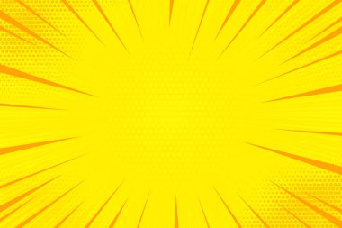Çizgi film ışınlı komik sarı arka plan. Vektör güneş patlaması ışığı ve yarım ton deseni. Retro kitap güneş patlaması etkisi ve radyal patlama çizgileri.