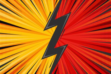 Çizgi roman geçmişi. Çizgi film pop sanat tasarımı çerçeve retro etkisi ile. Patlamalı yıldız patlaması posteri. Klasik parlak süper kahraman arkaplanı. Vektör vs pankart