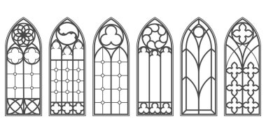Kalıplı gotik kilise penceresi. Katedral cam kemerler. Ortaçağ klasik katedral mimari çerçeveleri. Beyaz arka planda Katolik iç dekorasyonları. Eski kapı şekillerinin silueti