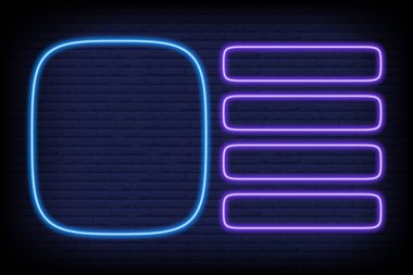 Bilgi yarışması ve televizyon programı için neon şablonu. Tuğla duvar arka planında seçenekler için çoklu çerçeve tartışması. Entelektüel meydan okuma menüsü. Vektör öncülüğündeki model