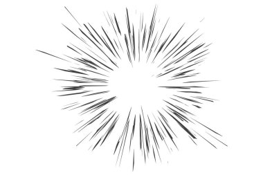 Komik hız çizgileri radyal patlamayla etki eder. Anime ve manga kitapları için karikatür patlaması. Çığlık sesi, hafif bir patlama. Kükremenin grafiksel çizgileri ve patlamanın ışınları. Beyaz arkaplanda vektör illüstrasyonu