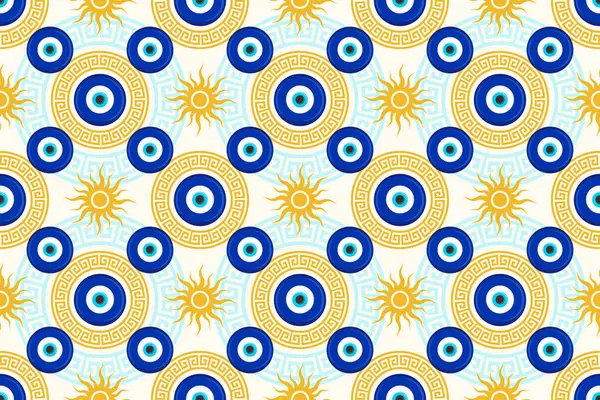 Kem göz kusursuz desen. Türk mavisi boncuklu ve asma suratlı. Yunan vektör sihirli arka planı güneş ve etnik nazar sembolü koruma şansı. Enerji tılsımı ve ruhsal tılsımla geleneksel bir süs.