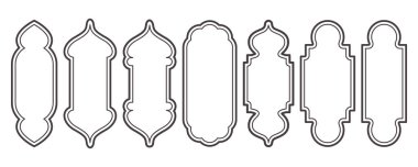 Ramazan çerçevesi şekilleri. Pencere Arap yayı ana hatları elementleri. Türk aksesuarlı kapı tasarımı. Müslüman doğulu çıkartma şablonu. Pankart ve rozet için geleneksel dekorasyon