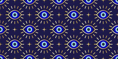 Kem göz kusursuz desen. Mavi boncuklu ve sihirli nazarlı Türk vektör arka planı. Gizemli Yunan tılsımı koruma ve şansın sembolüdür. Arapça ve Akdeniz etnik duvar kağıdı