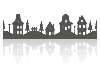 Mahalledeki evlerin silueti. Ufuk çizgisindeki küçük evler ve binalar. Beyaz arka planda Noel kasabası ve köy. Sokaktaki köknar ağaçlarıyla dolu kulübeler. Yansıması olan kusursuz kenarlık