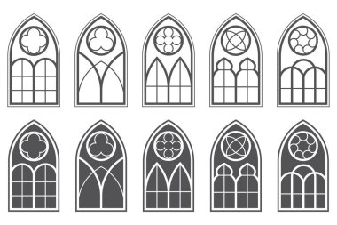 Gotik vitray çerçeveler. Katolik kilisesi pencereleri. Katedral mimari klasik öğelerin siluetleri. Ortaçağ Hıristiyan şatosu iç dekorasyonları beyaz arka planda. Vektör illüstrasyonu
